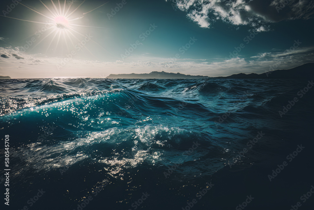 landscape of a wavy sea under the sunlight and a blue. Illustration AI Generative