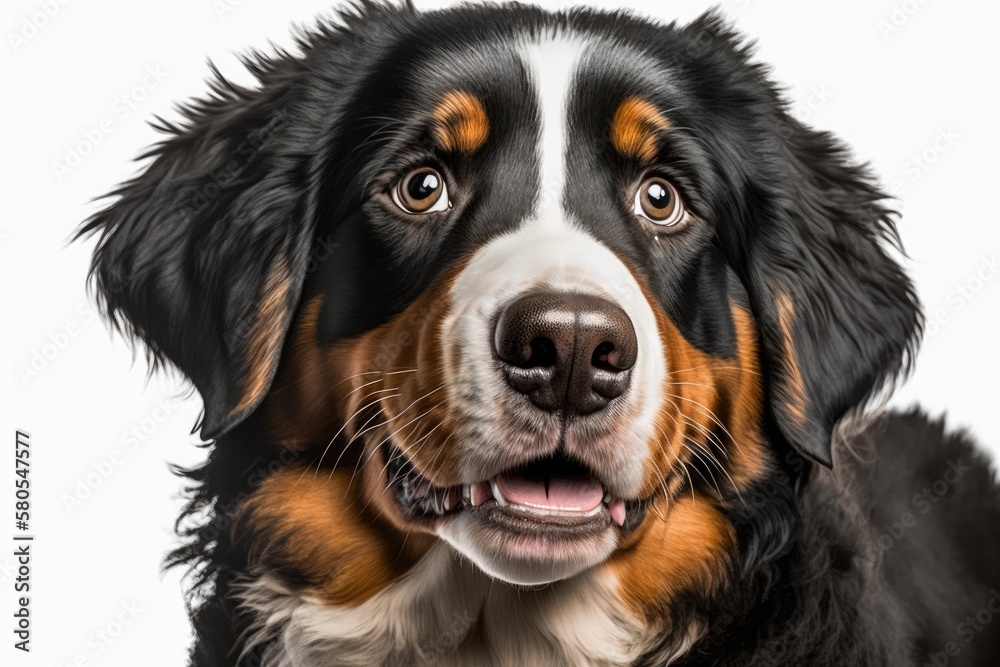 head shot of a young Bernese Mountain Dog that is panting, on a white background. Generative AI