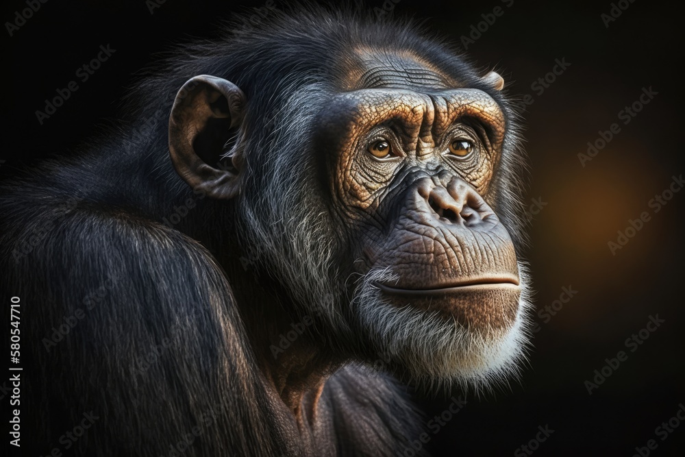 Portrait of a male chimpanzee in light and shadow Chimpanzee Light & Shadow. Generative AI