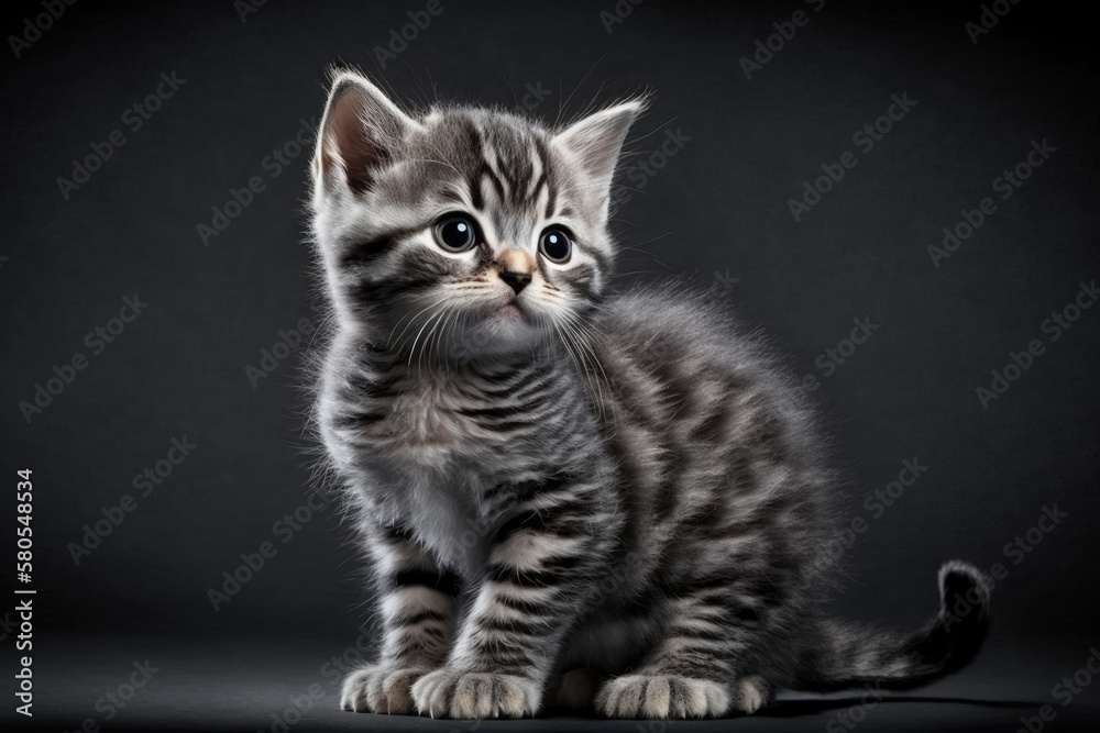 Cute kitten sitting, looking up, licking its lips, and waiting for something tasty. Grey striped kit