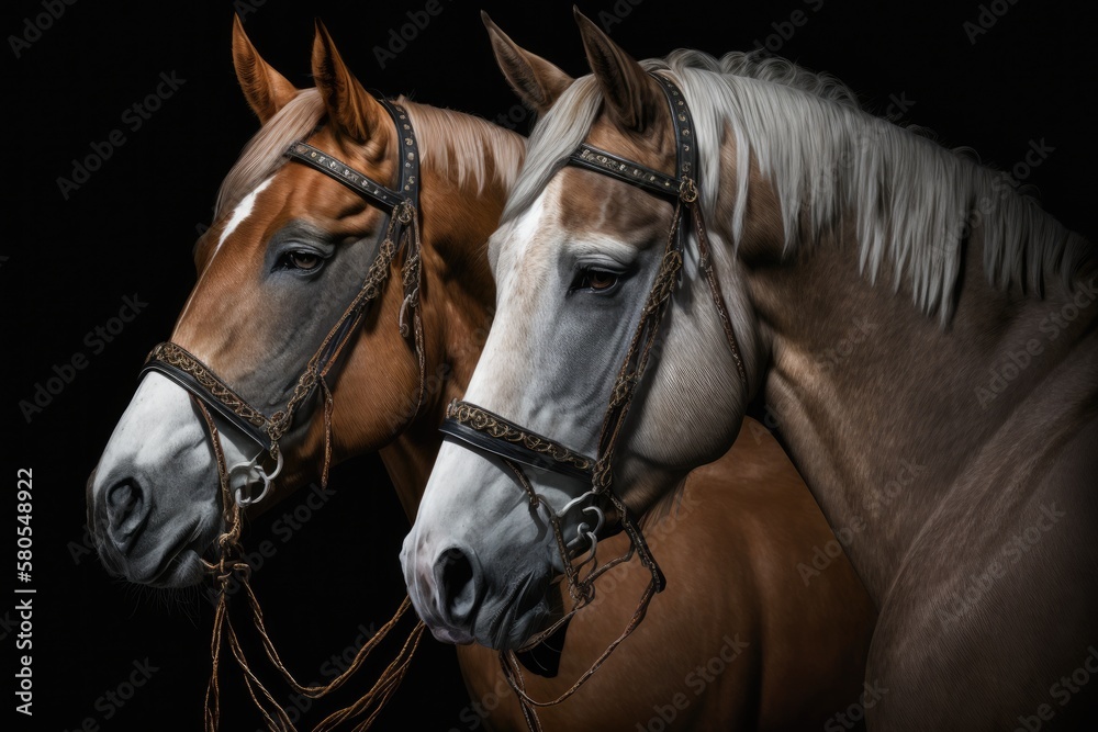 Portrait of two horses in bridles on a black background. Generative AI