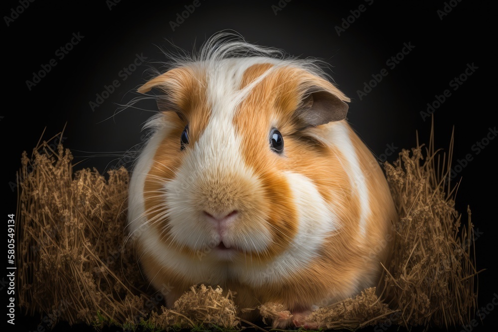 Guinea pig Cavia porcellus is a popular pet. The small animal sits in the hay and eats grass. Guinea