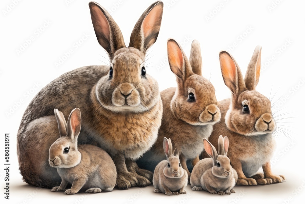 Portrait of a cute mother rabbit and her four babies, isolated on a white background. Family idea ab