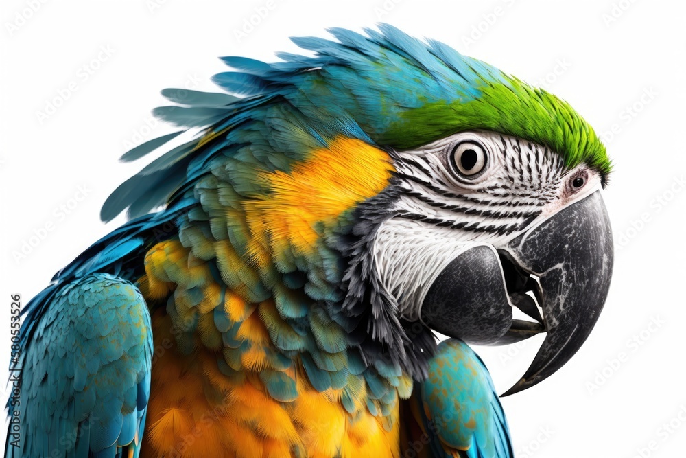 Macaw parrot on white background by itself. Generative AI