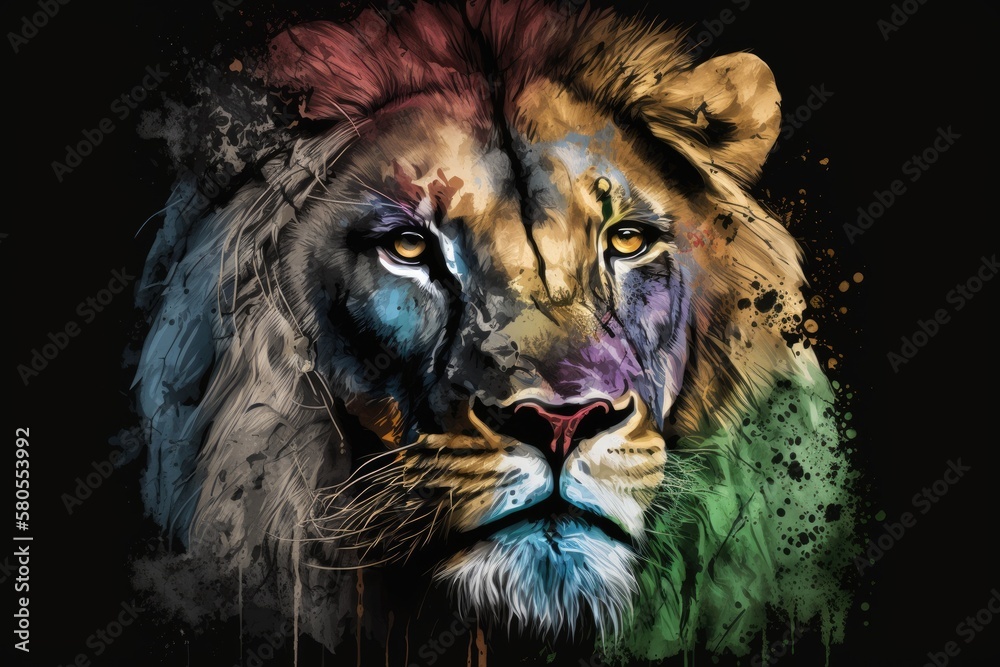 A close up of a colorfully painted lions face ON A BLACK BACKGROUND IN WATERCOLOR AND SKETCH. Gener