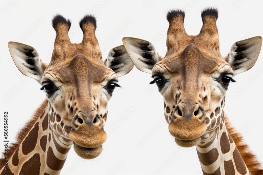 Giraffes with long heads look backwards on a white background. Generative AI