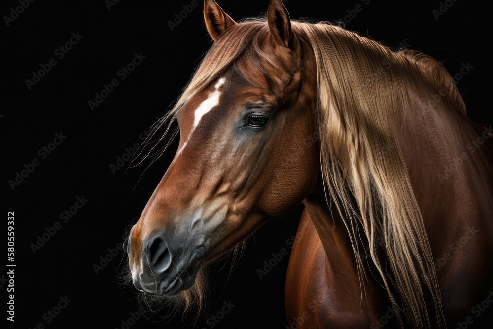 Elegant horse portrait on black background, Horse on dark background, Portrait of chestnut horse, is