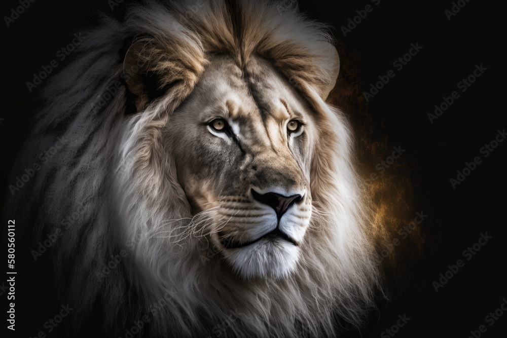 Lion. Portrait of a lion lit up in white. A picture of the animal kingdom. A picture of a strong pre