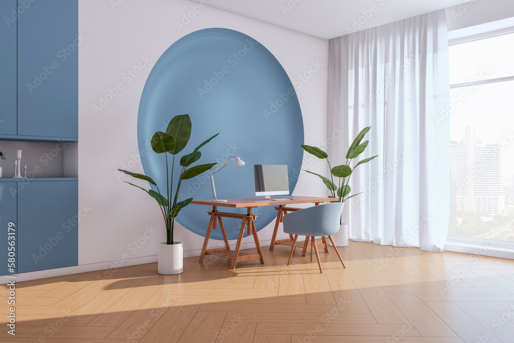 Modern blue office interior with window, city view and curtains, furniture and equipment, decorative