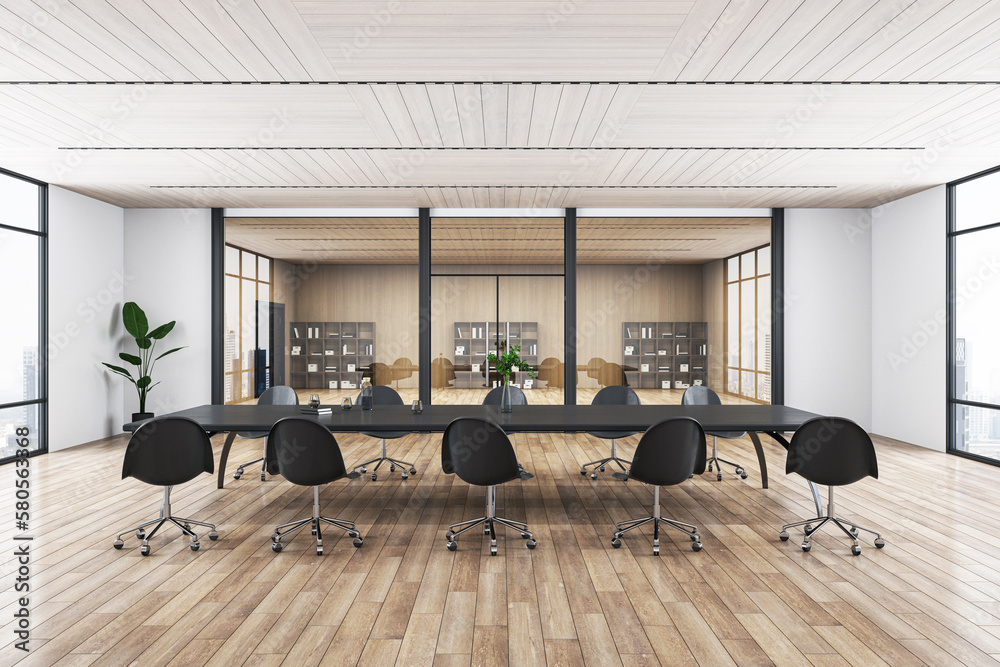 Front view on huge black conference table surrounded by black chairs on wooden floor in spacious mee