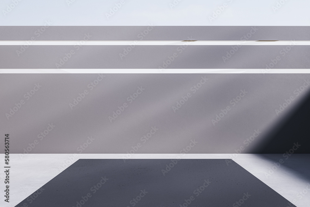 Modern open space concrete walls with podium, sunlight and mock up place. 3D Rendering.