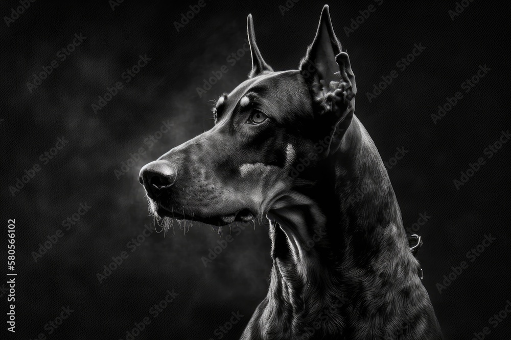 Low key picture of a doberman in black and white. Generative AI