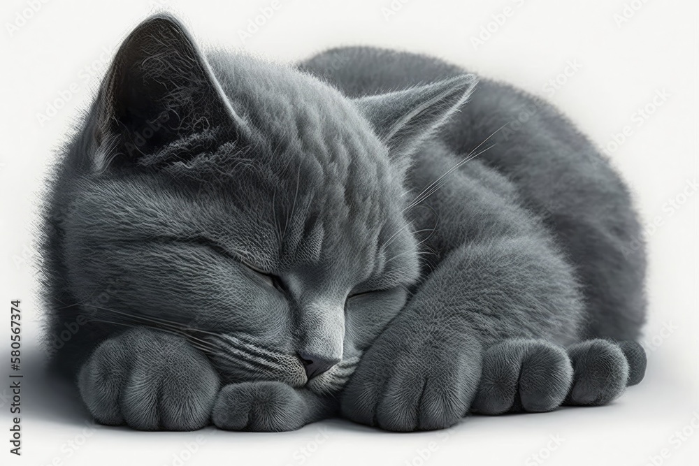 Russian Blue kitten sleeping on white background. Generative AI