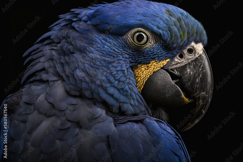 Detail of a portrait of the Hyacinth Macaw (Anodorhynchus hyacinthinus) on a black background. Gener