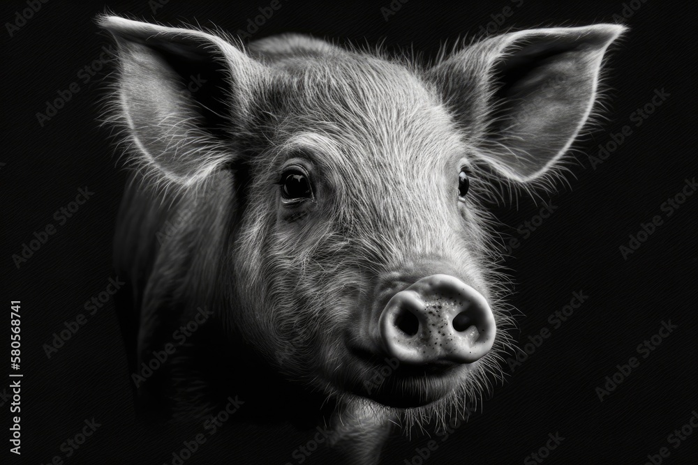 Close up of a black and white pigs face on a black background. Generative AI