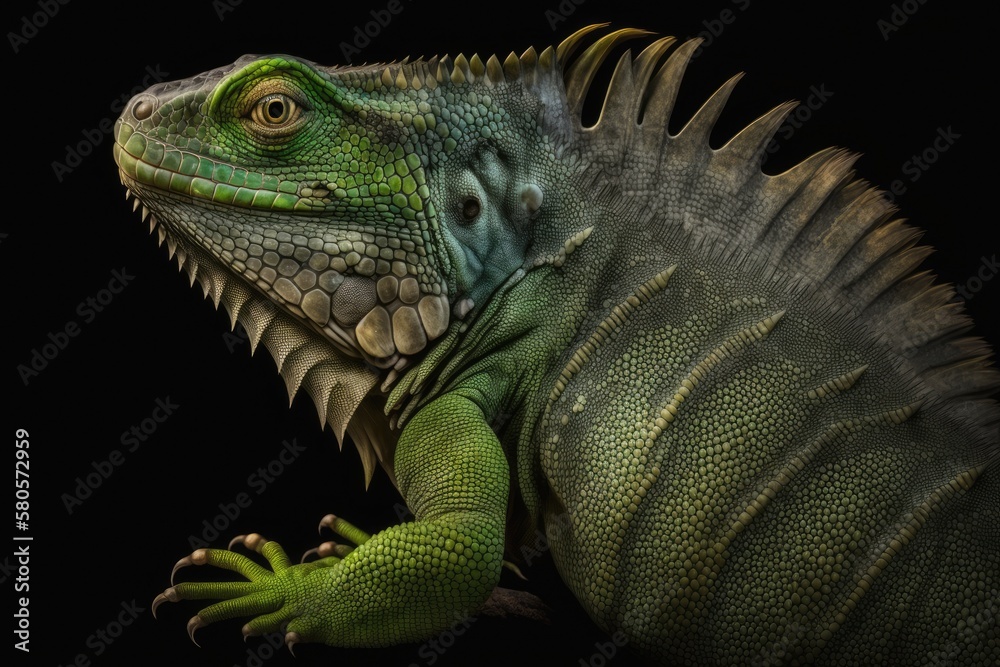 Big green iguana on black background by itself. Generative AI