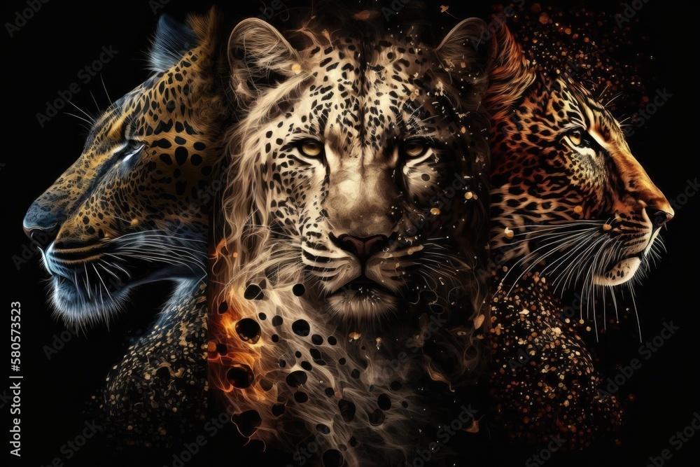 Lion, tiger, and leopard with spots, all on a black background. Generative AI