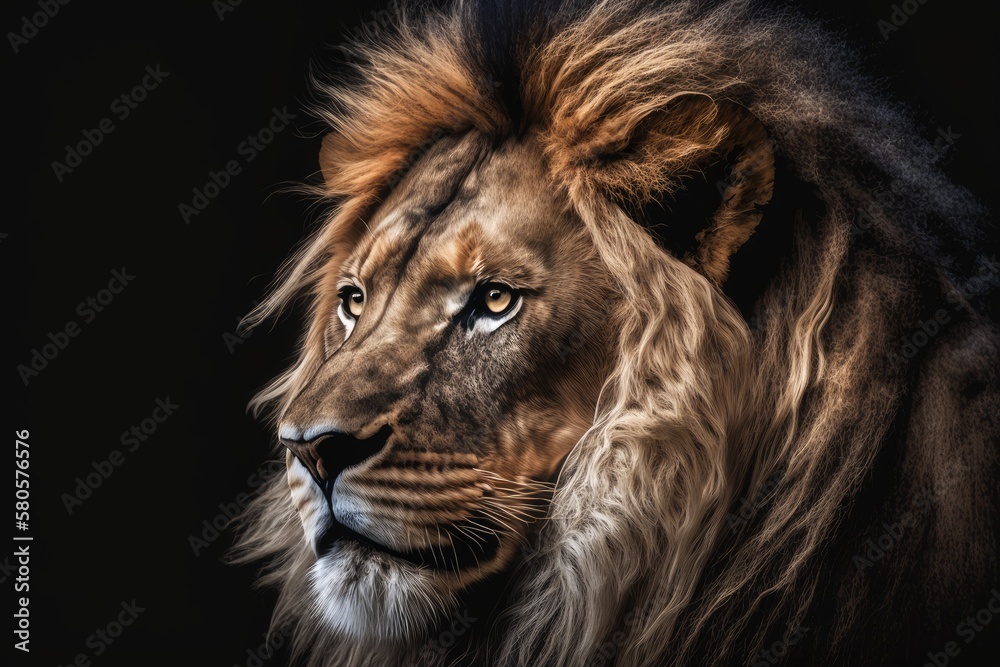 Portrait of a lion with a mane on top of its head. Generative AI