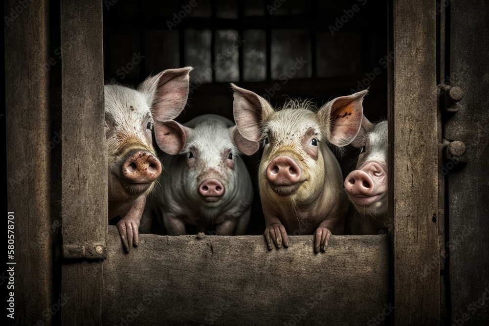 On a farm yard, pigs wait for food. pigs in the pen. Portrait animal. Generative AI