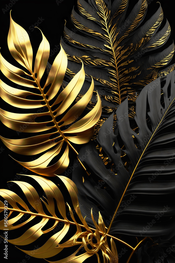 Black and gold tropical leaves background. Golden foliage leaf texture. View of palm plants. Generat