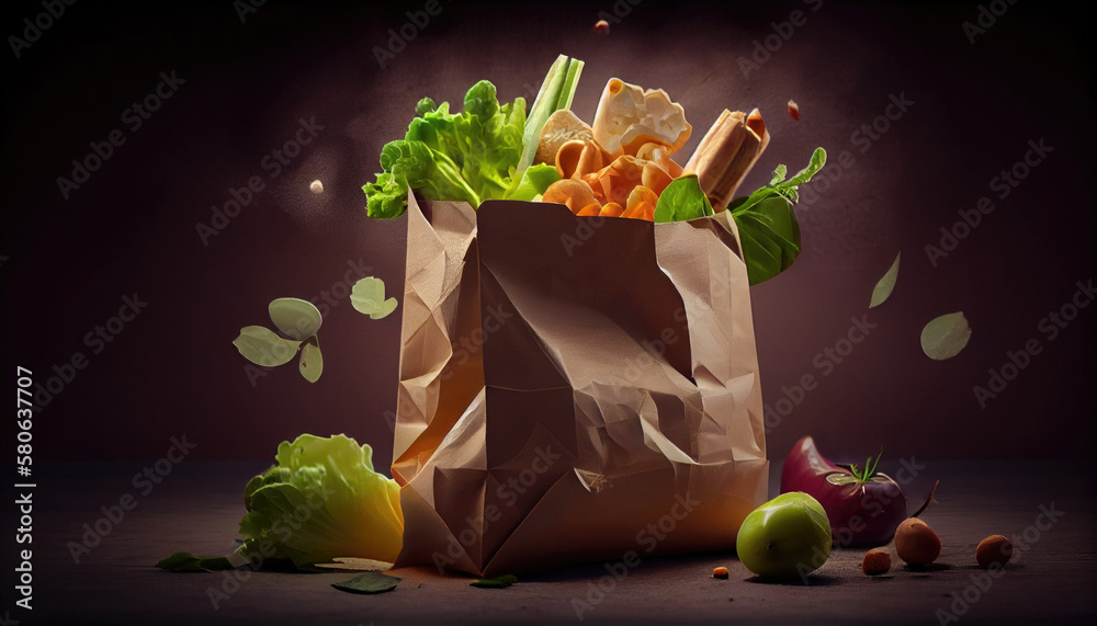 Paper bag with various products on a dark background. Generative AI