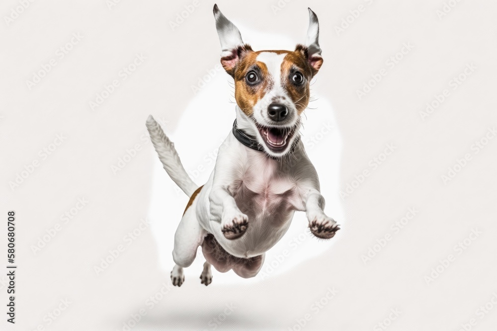 Jumping white Jack Russell Terrier dog on white background. Generative AI