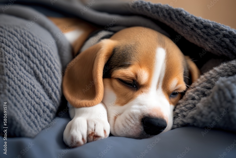 A cute Beagle puppy is sleeping on a bed. Adorable pet. Generative AI