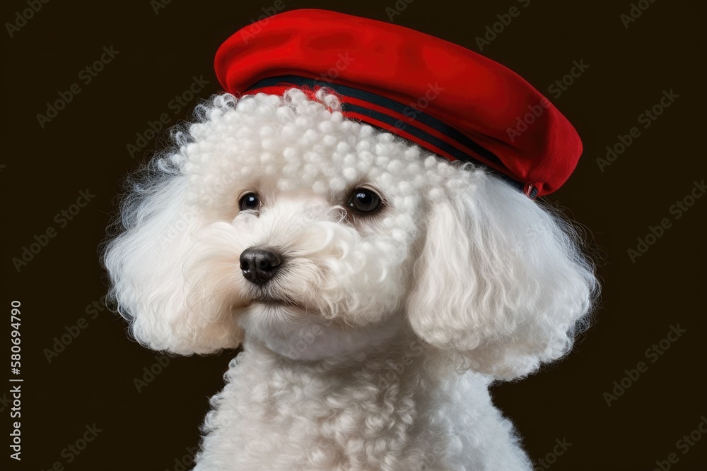 A classic piece of art that shows a dog. A small white Poodle wearing a beret against a red backgrou