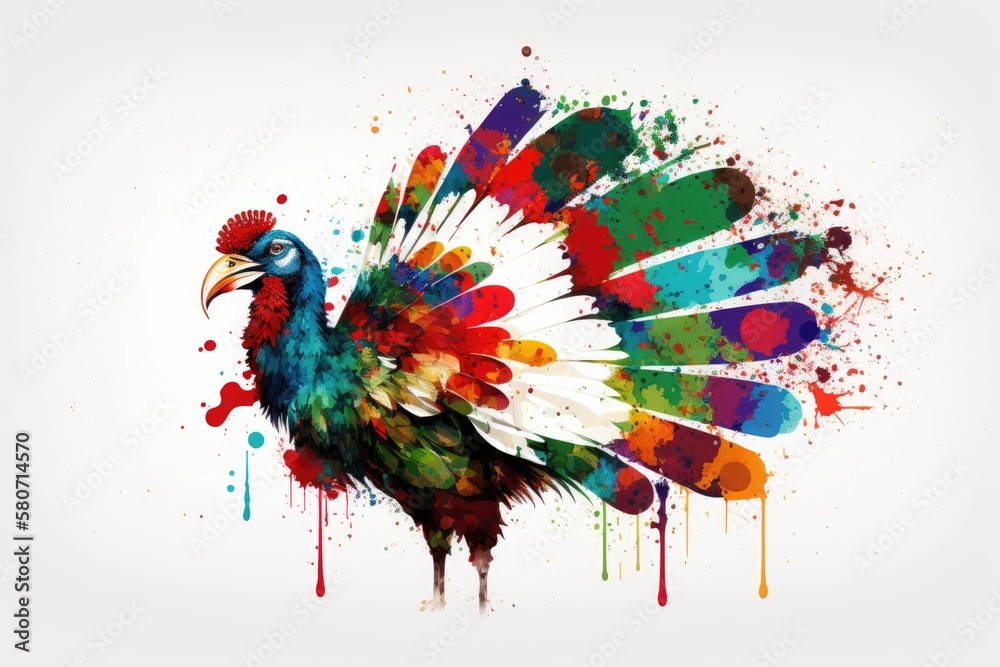 Turkey with bright colors on a white background. Generative AI