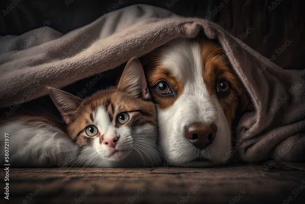 Together, a dog and a cat. At home, a dog hugs a cat under the rug. When pets get along. Generative 