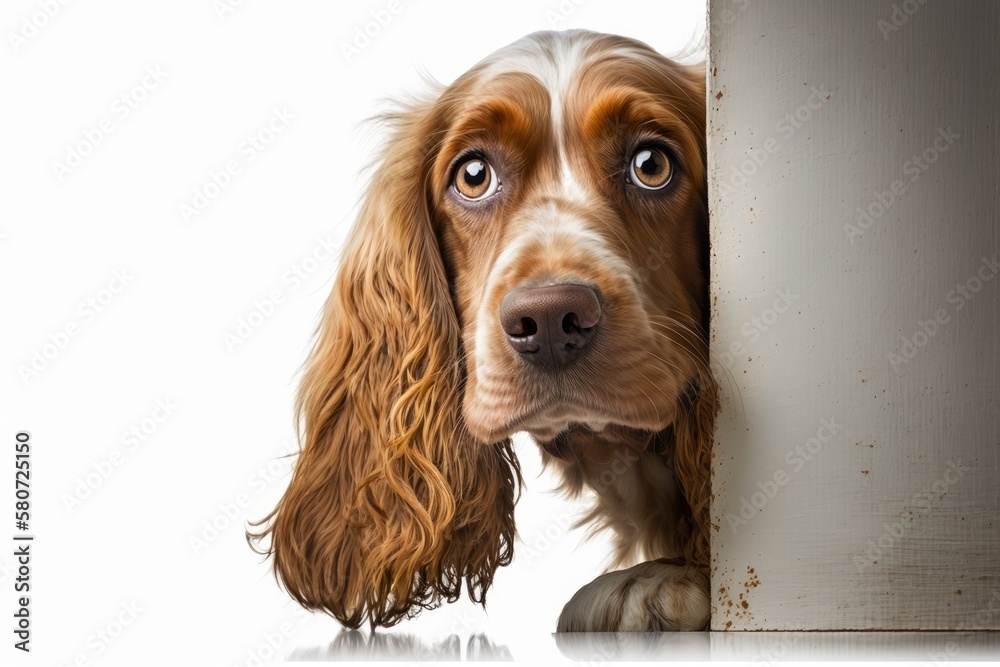 Cute, curious Cocker Spaniel dog looking out of a corner, isolated on a white background. Smiling do