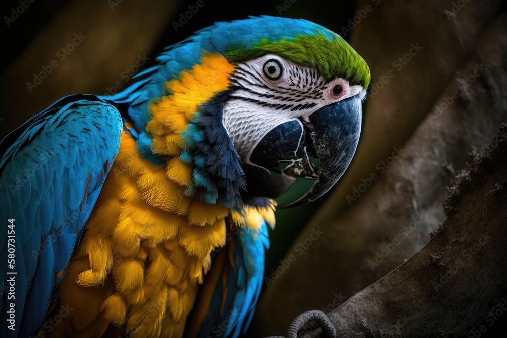 A colorful Macaw parrot eats and looks at the camera as it does so. Generative AI