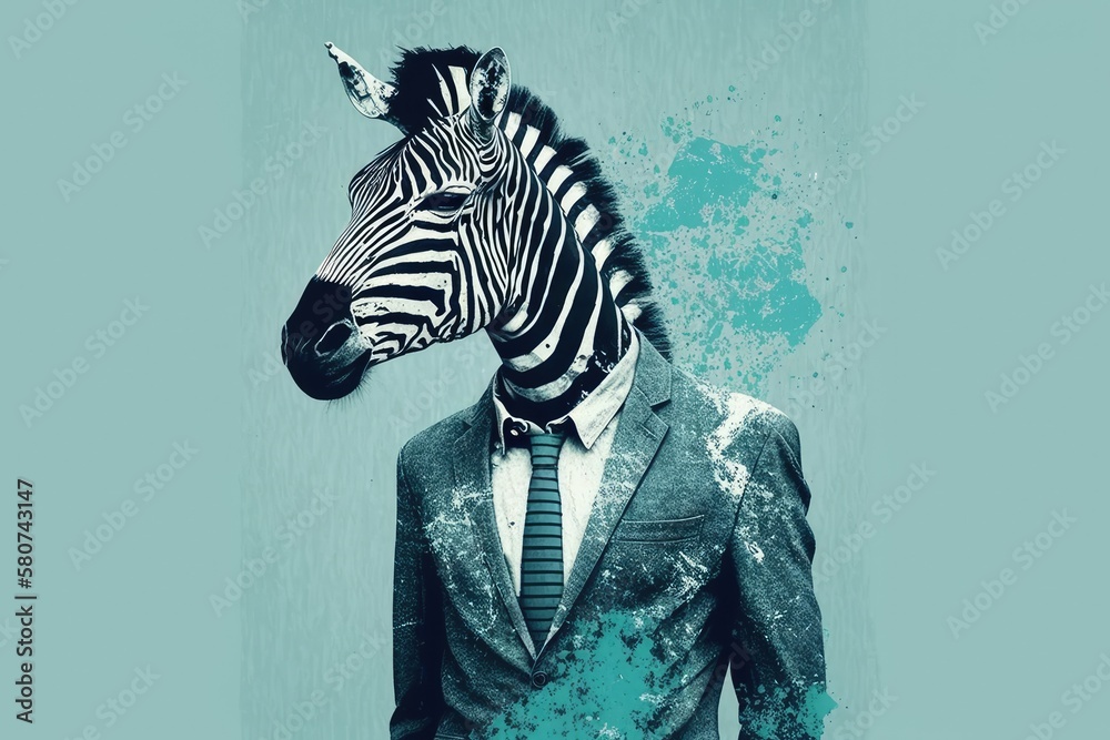 Collage is a form of modern art. The head of a laughing zebra on a human body in a business shirt is