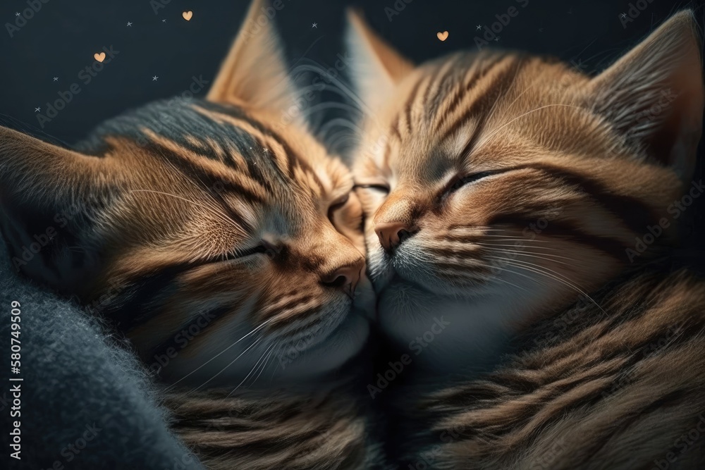 Cats in love sleeping together on Valentines Day. Cat noses close up. A group of sleeping kittens k