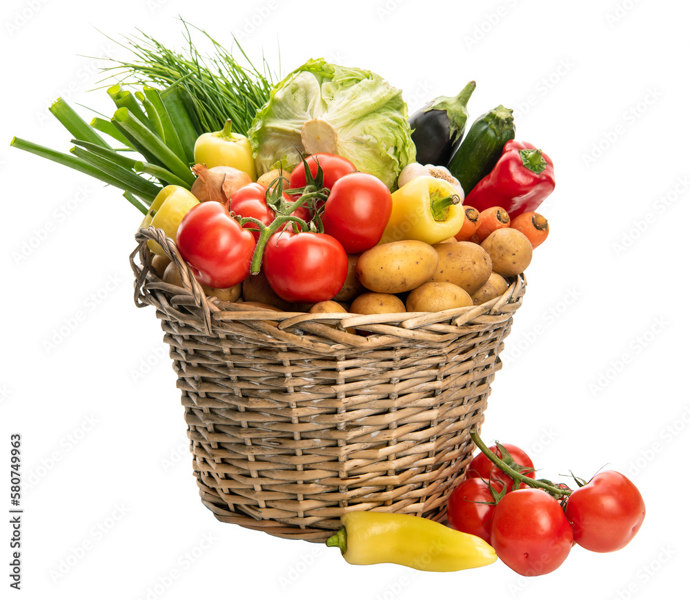 PNG Basket with vegetables. Potatoes, onions, tomatoes, cabbage and other vegetables	 