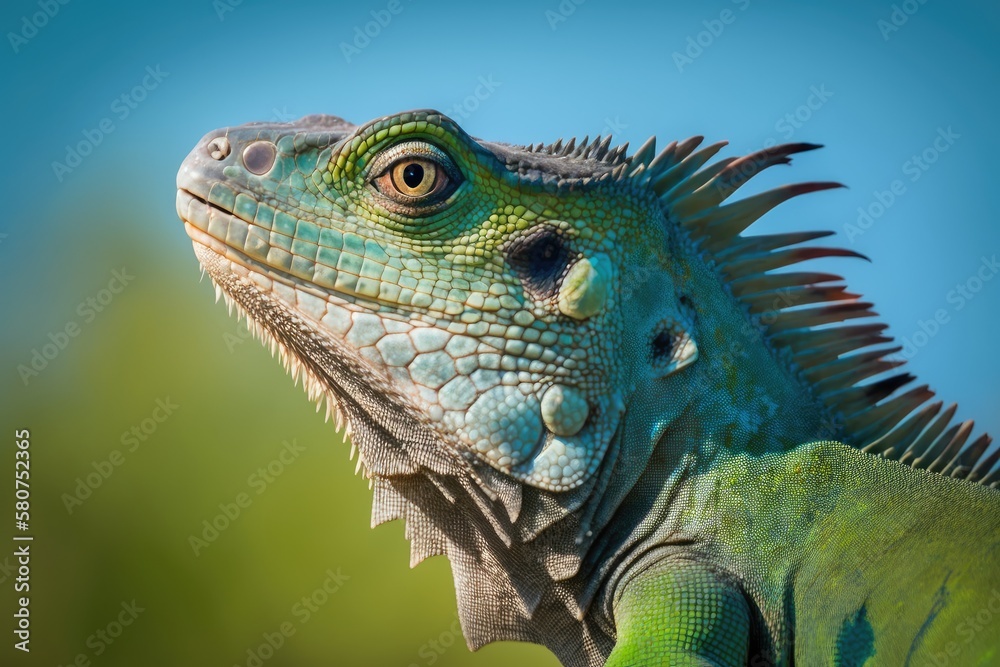 The iguanas head is bright green, and the background is a blue sky. The head of the tropical lizard