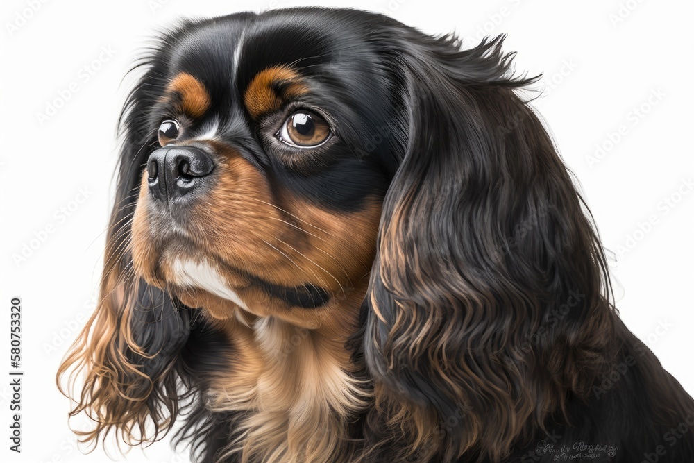 Portrait of a young black and tan Cavalier King Charles Spaniel, set against a white background. Gen