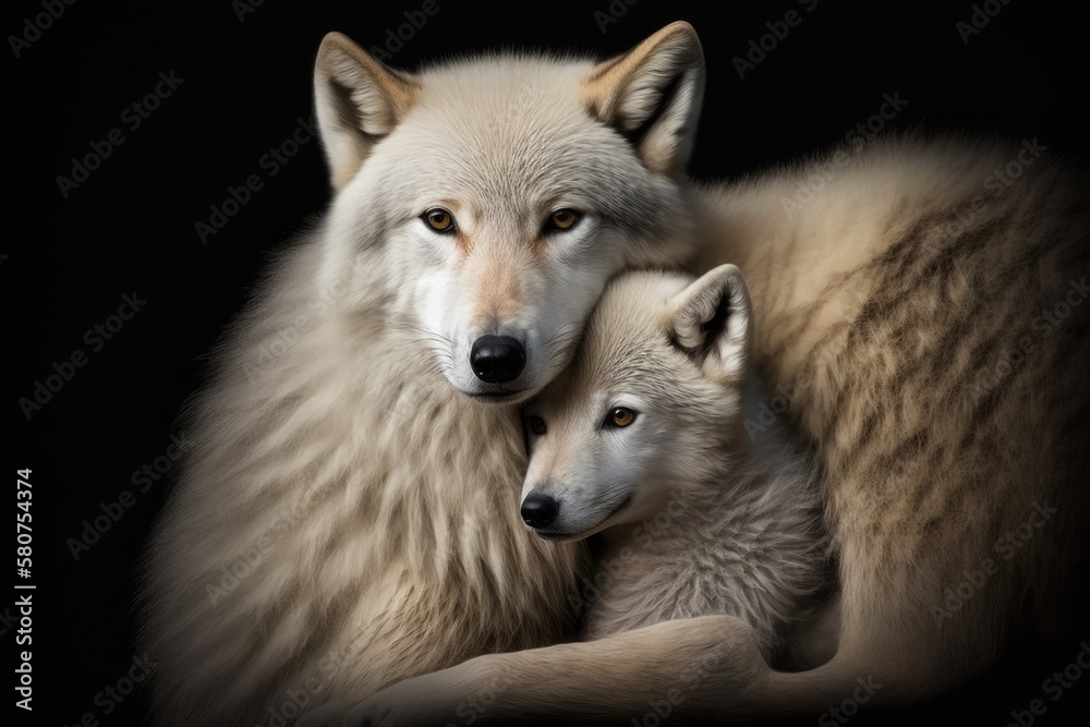 The arctic wolf and her cute female pup are close to their mother. Canis lupus arctos in close up ag