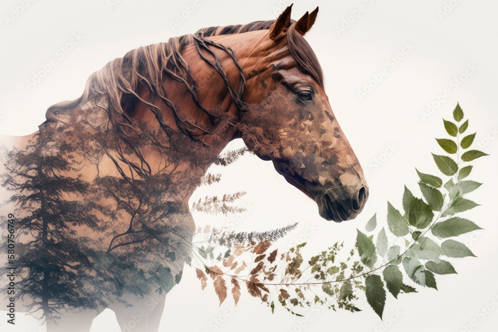 Double exposure or double exposure photo montage of a brown horse with tree branches and leaves. Gen