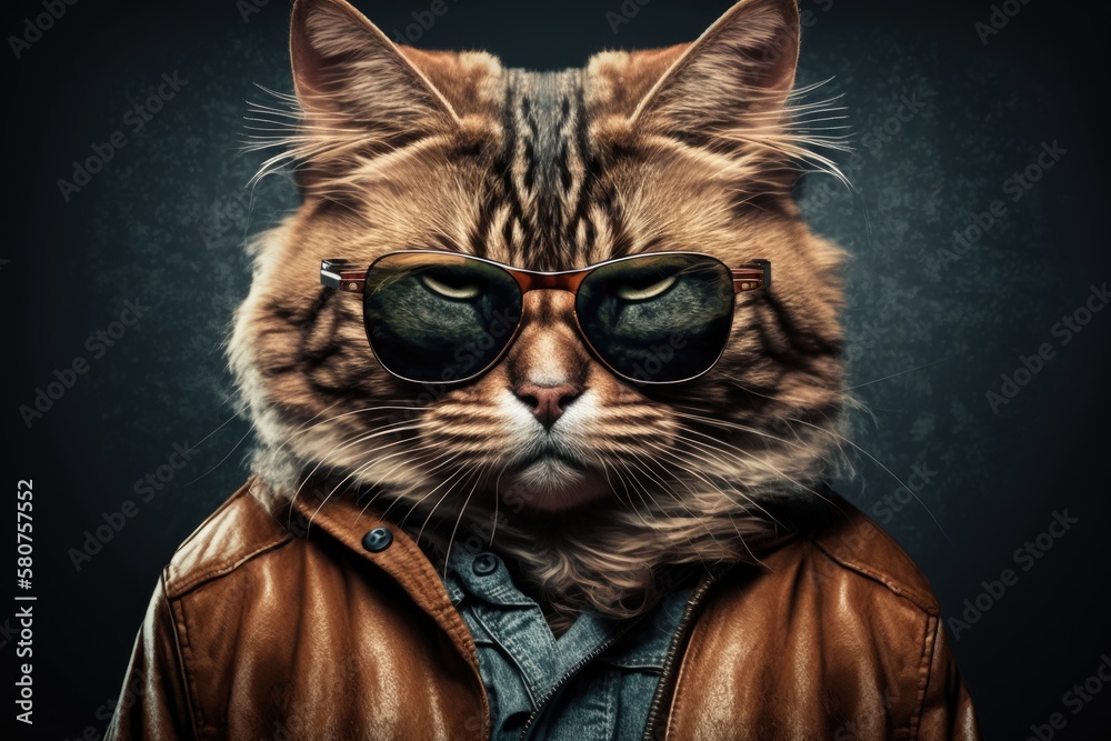 cool cat style wearing a coat, wearing sunglasses, being funny, being fashionable, using a picture a