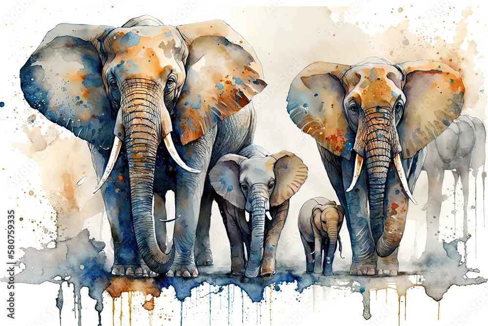 The Family of Elephants. Painting with watercolor. Generative AI