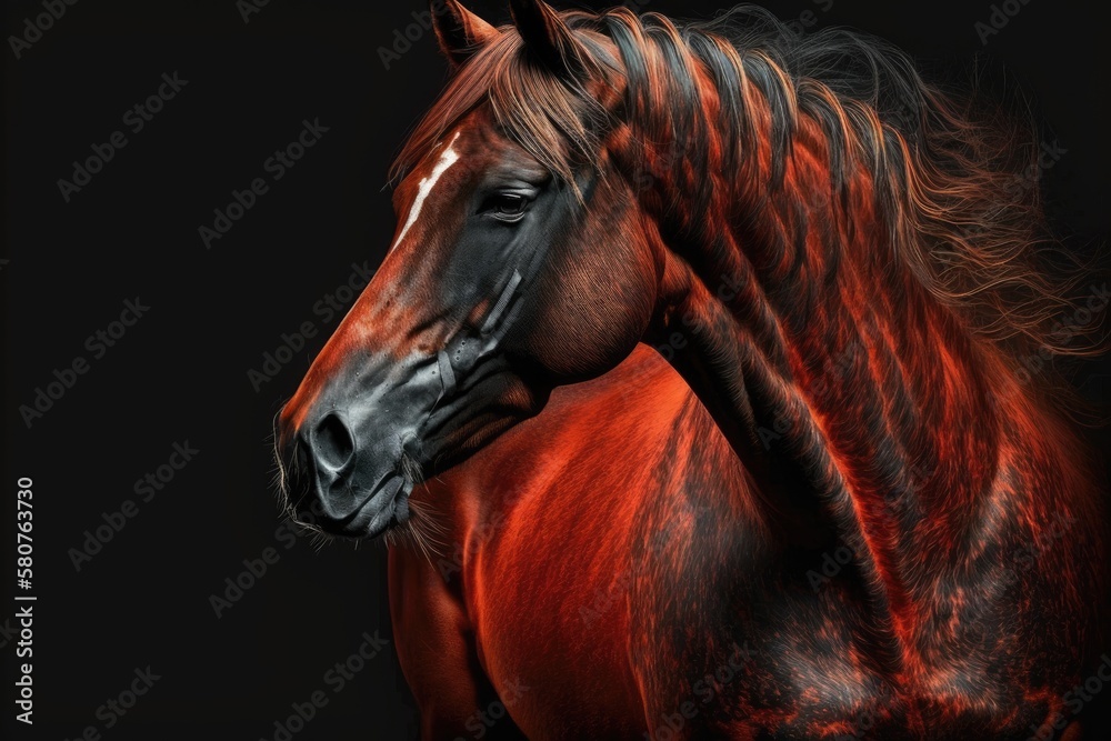 A beautiful picture of a red horse on a black background. Generative AI