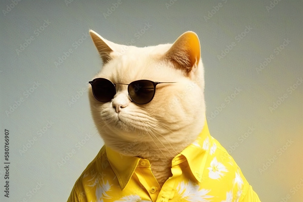 On a yellow background, a white British cat wears sunglasses and a shirt to show that its summer. G