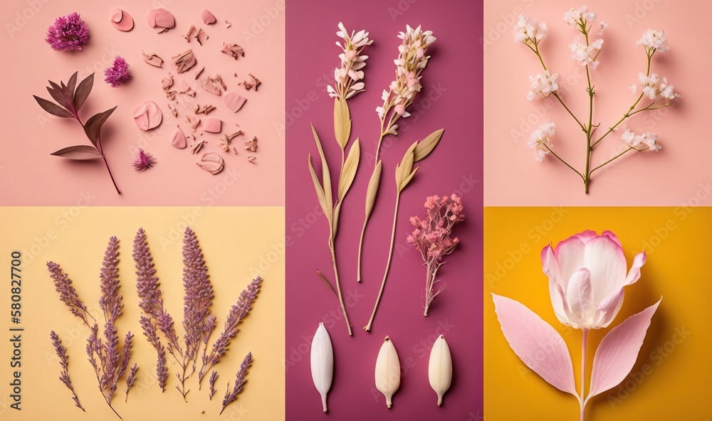  a bunch of different types of flowers on a pink and yellow background with a pink background and a 