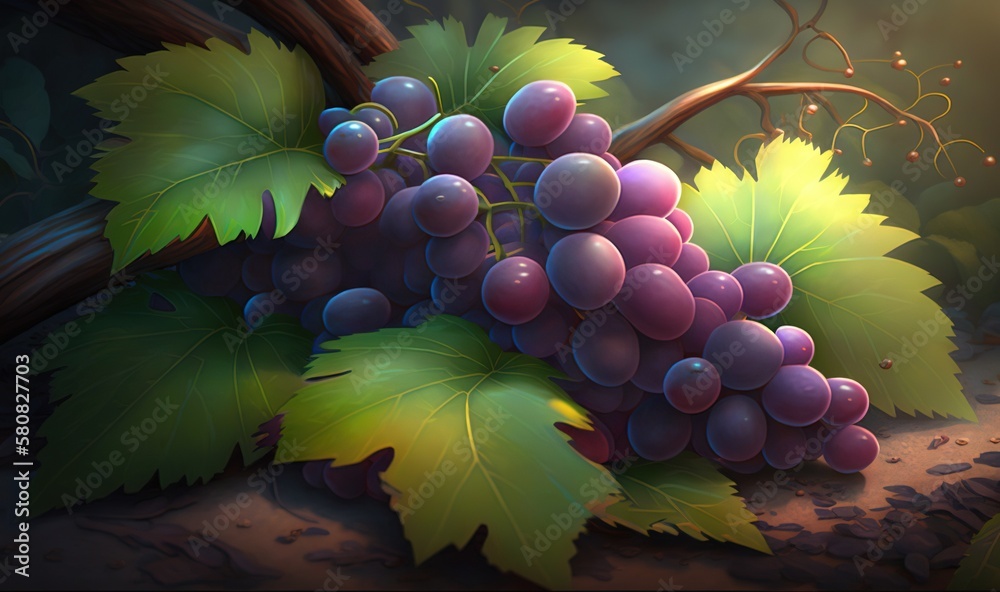  a bunch of grapes sitting on top of a leaf covered tree branch next to a branch with leaves on it a