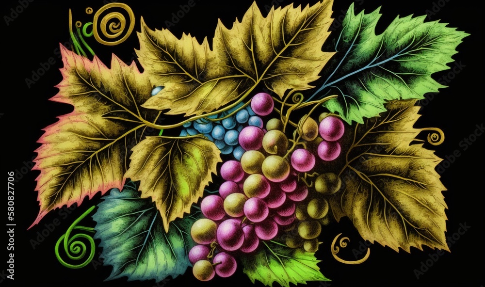  a painting of grapes and leaves on a black background with swirls in the middle of the image and a 