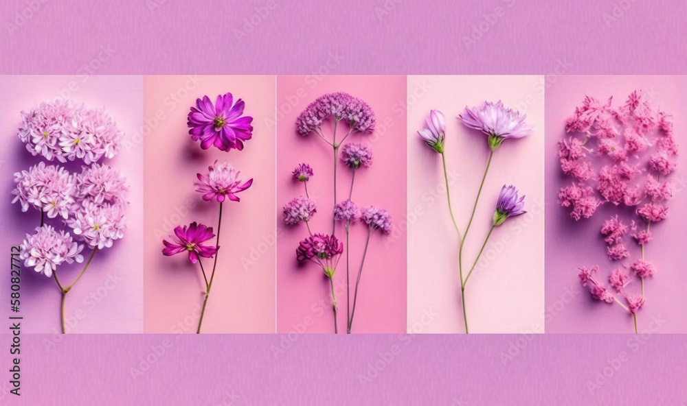  four different types of flowers on a pink and pink background with a pink background and a pink bac