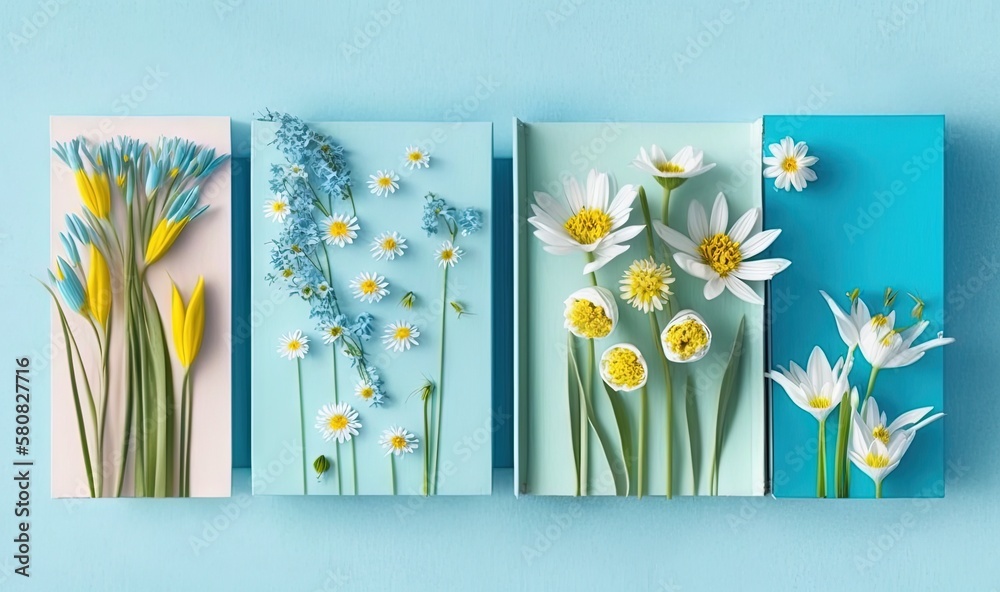  three cards with flowers on them on a blue background, one of which is cut out of paper and the oth