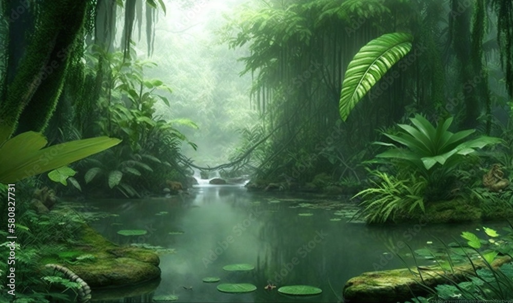  a stream running through a lush green forest filled with lots of trees and plants, with a waterfall