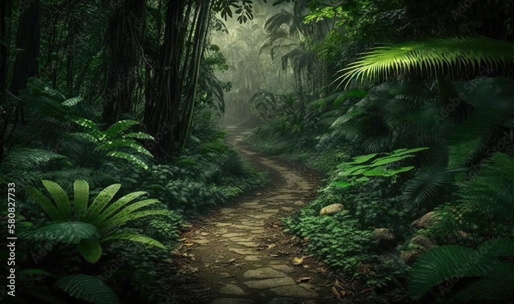  a path in the middle of a jungle with lots of trees and plants on either side of it and a stone pat